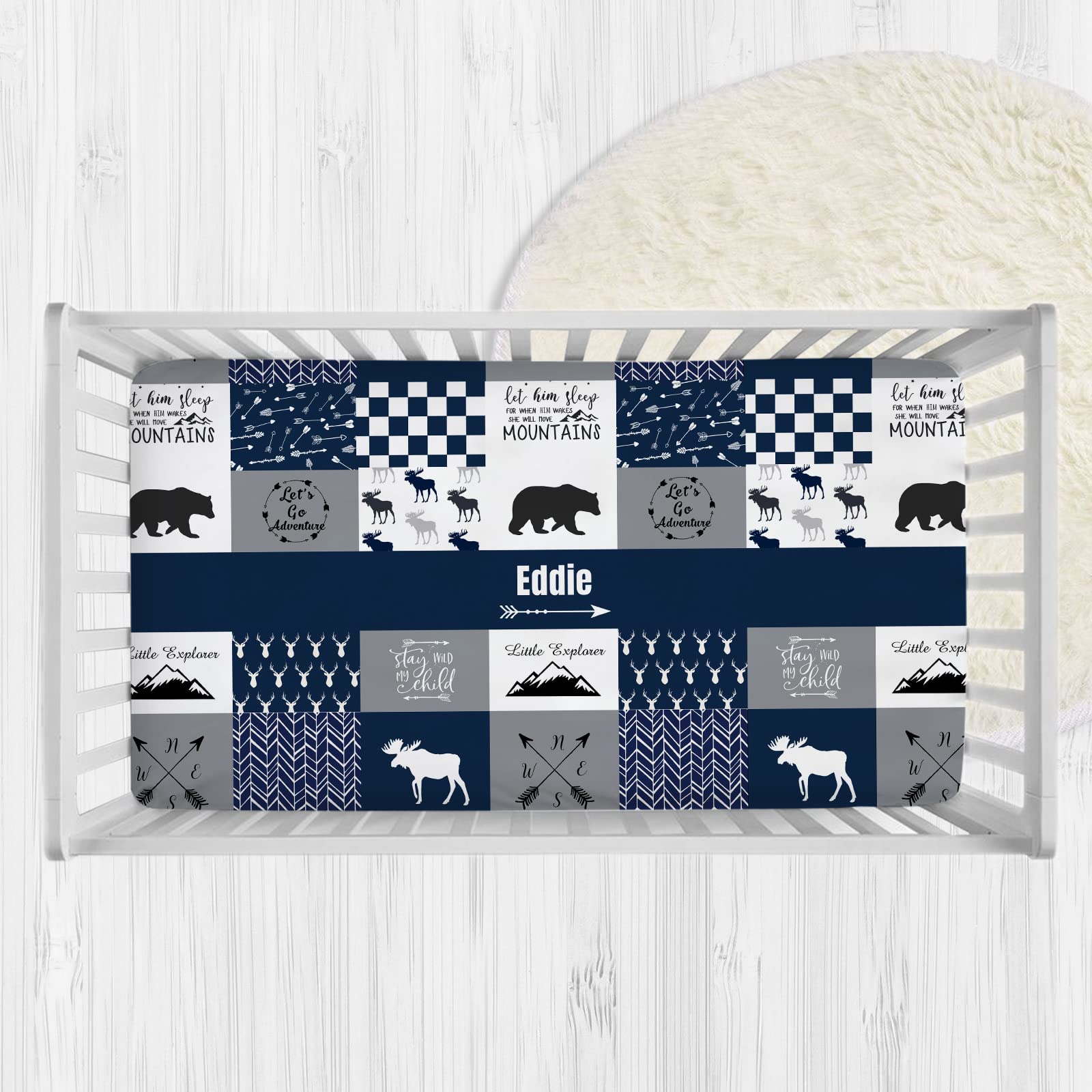 Personalized Woodland Deer Blue Baby Crib Sheets with Name, Customized Patchwork Design Crib Mattress Sheets for Baby Boys, Fitted Crib Bedding Sheets for Standard Crib Size, Name Crib Sheets