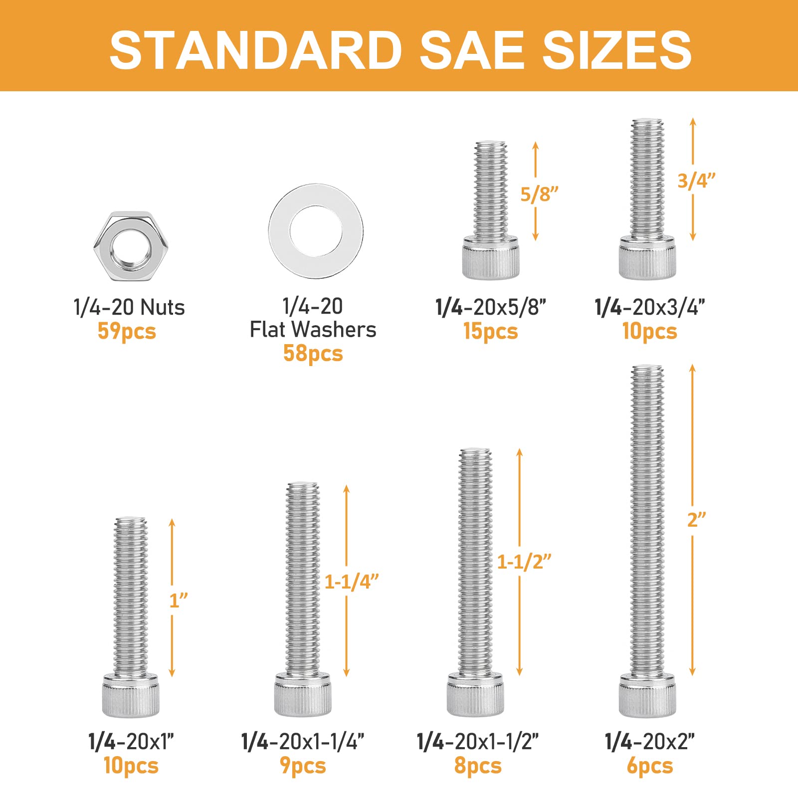 1/4-20 Hex Socket Head Cap Screw, VIGRUE 175PCS UNC Hexagon Bolts Washers Nuts Assortment Kit Machine Screws Set Stainless Steel 18-8 (304), Length from 5/8" to 2"