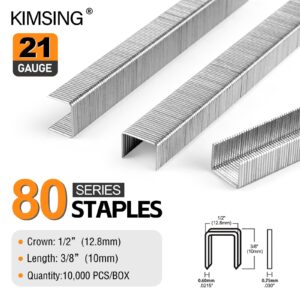 KIMSING 21 Gauge 1/2-inch (12.8mm) Crown Galvanized Upholstery Staples, 80 Series 3/8-inch (10mm) Leg Length Fine Wire Staples for Pneumatic Stapler, Air Staple Gun 10,000 Per Box (1 Box)