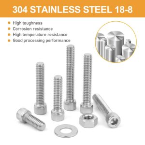 1/4-20 Hex Socket Head Cap Screw, VIGRUE 175PCS UNC Hexagon Bolts Washers Nuts Assortment Kit Machine Screws Set Stainless Steel 18-8 (304), Length from 5/8" to 2"