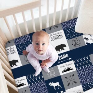 Personalized Woodland Deer Blue Baby Crib Sheets with Name, Customized Patchwork Design Crib Mattress Sheets for Baby Boys, Fitted Crib Bedding Sheets for Standard Crib Size, Name Crib Sheets