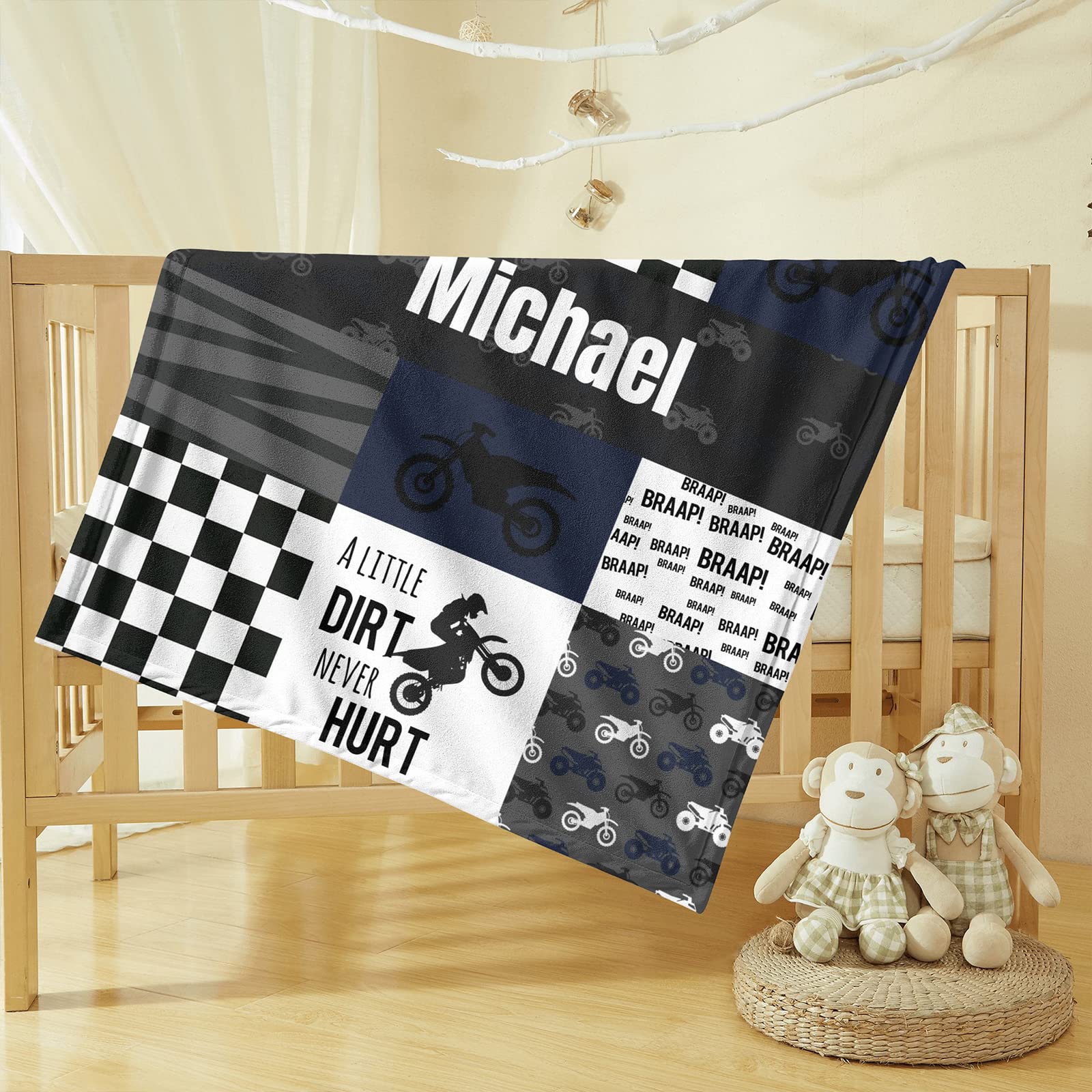 Personalized Motocross Minky Baby Blankets with Name, Customized Dirt Bike Patchwork Design Blankets for Boys Kids - Registry Gifts - Soft Plush Infant Toddler Baby Newborn Blanket