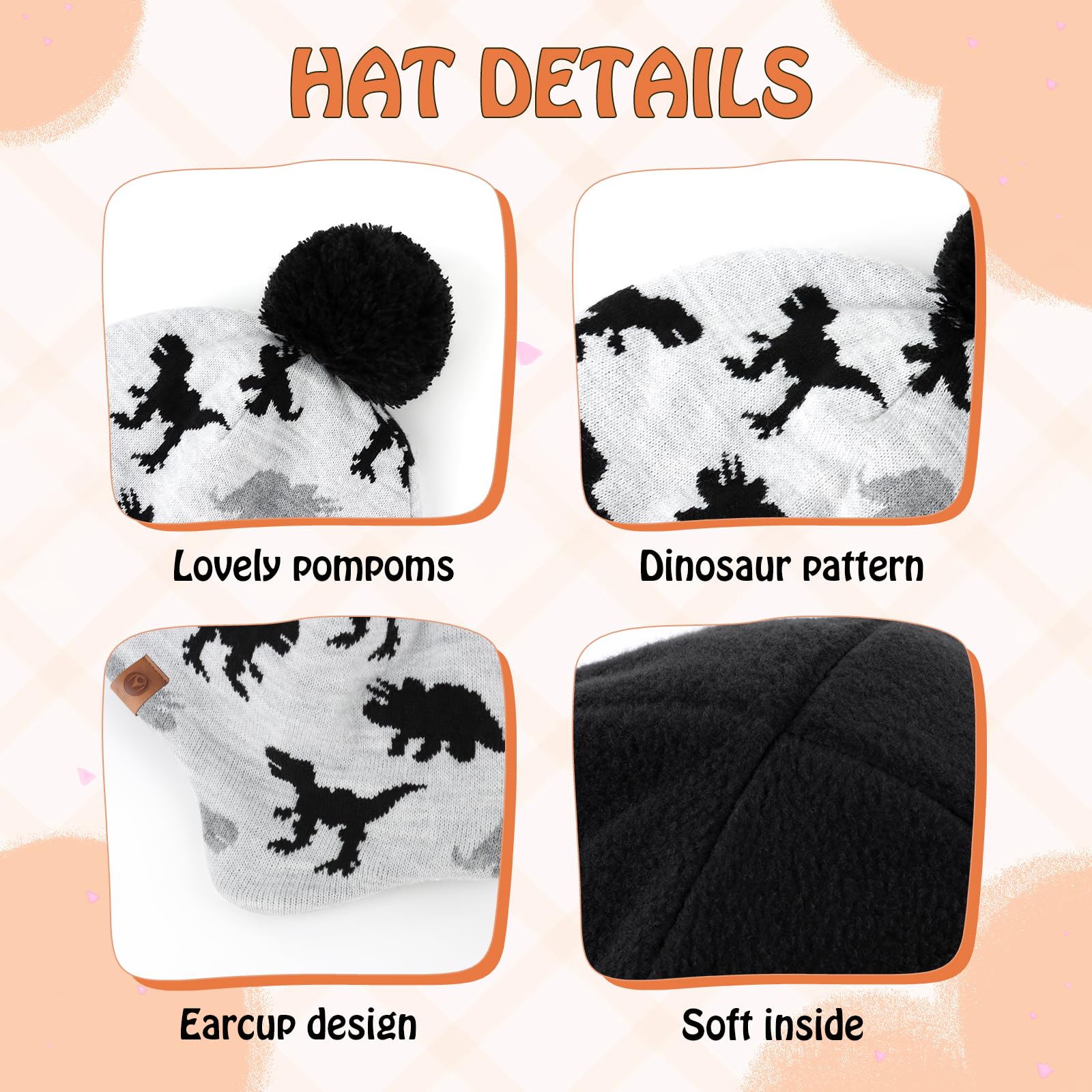 Duoyeree Kids Beanie Hat for Boys Girls Pom-pom Kint Hats Cozy Lining Winter Skull Cap White Grey