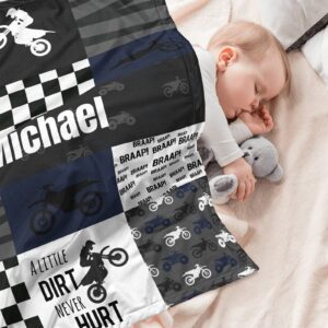 Personalized Motocross Minky Baby Blankets with Name, Customized Dirt Bike Patchwork Design Blankets for Boys Kids - Registry Gifts - Soft Plush Infant Toddler Baby Newborn Blanket