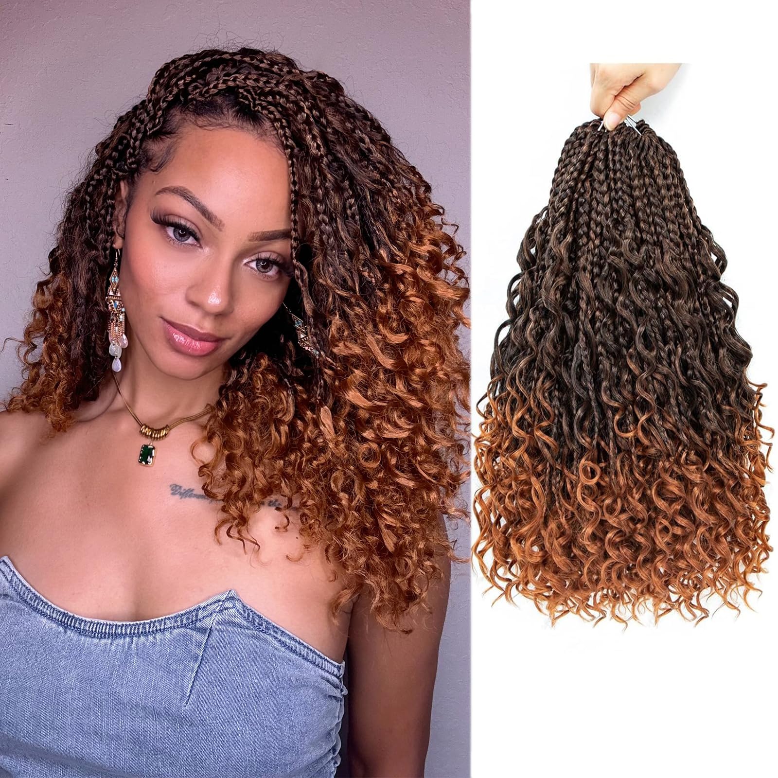 Coolbeeza 14 Inch Goddess Box Braids Crochet Hair with Curly Ends Bohemian Box Braids Crochet Hair Soft Net Synthetic Pre Looped Hair Extensions for Black Women Kids 8 Packs-128 Strands