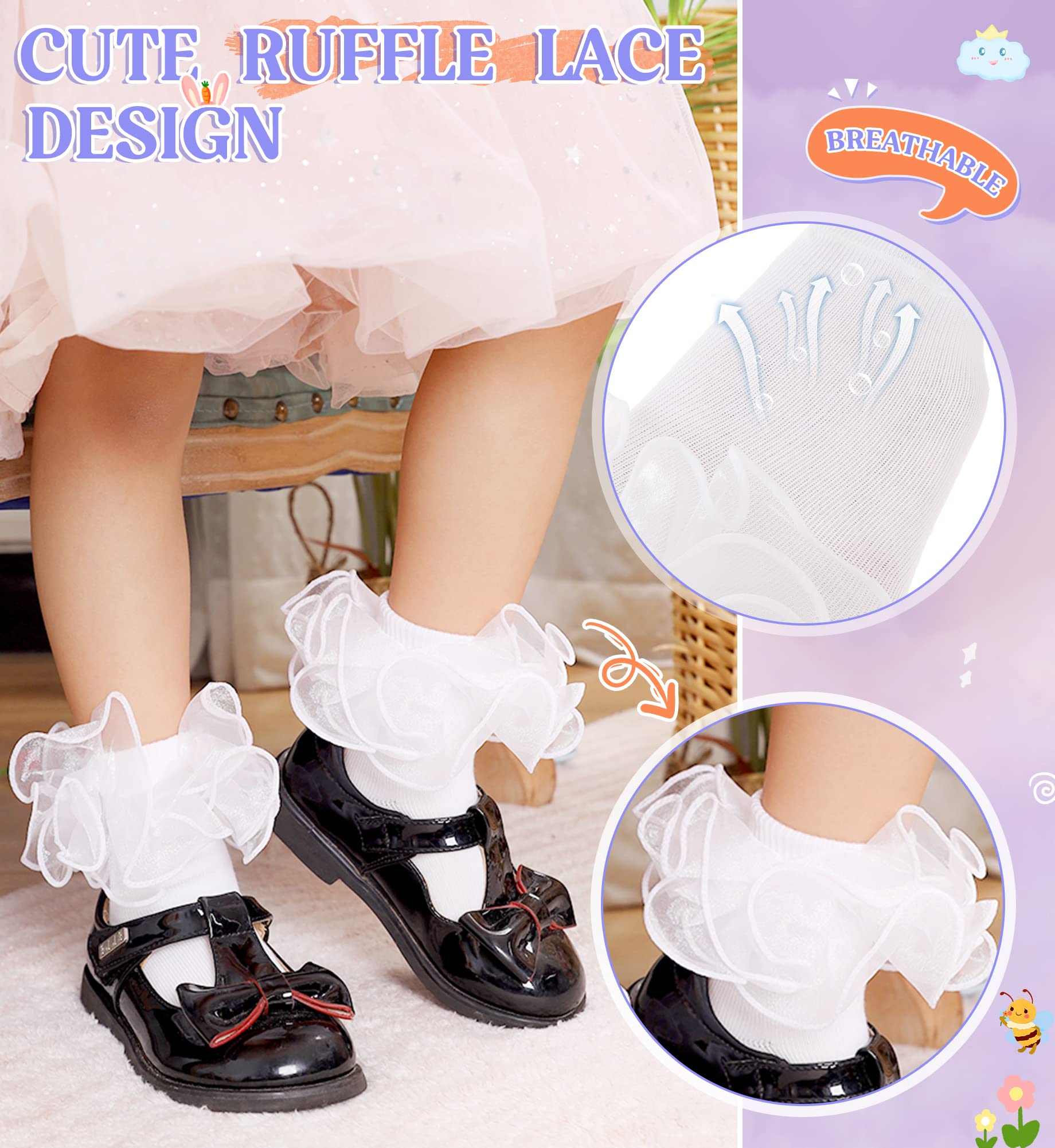 Girls Ruffle Socks Cute Double Lace Frilly Princess Dress Cotton Socks for Kids Toddler Girls 2 Pairs (4-6 Years, 2 Pairs White)