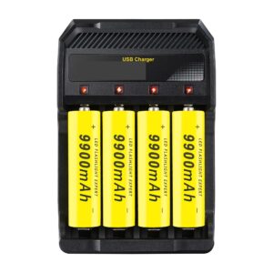 4-Bay 18650 Rechargeable Battery USB Charger, Universal Smart Charger for LED Flashlights, Headlights, Toys (4 Pack Button Top Battery)