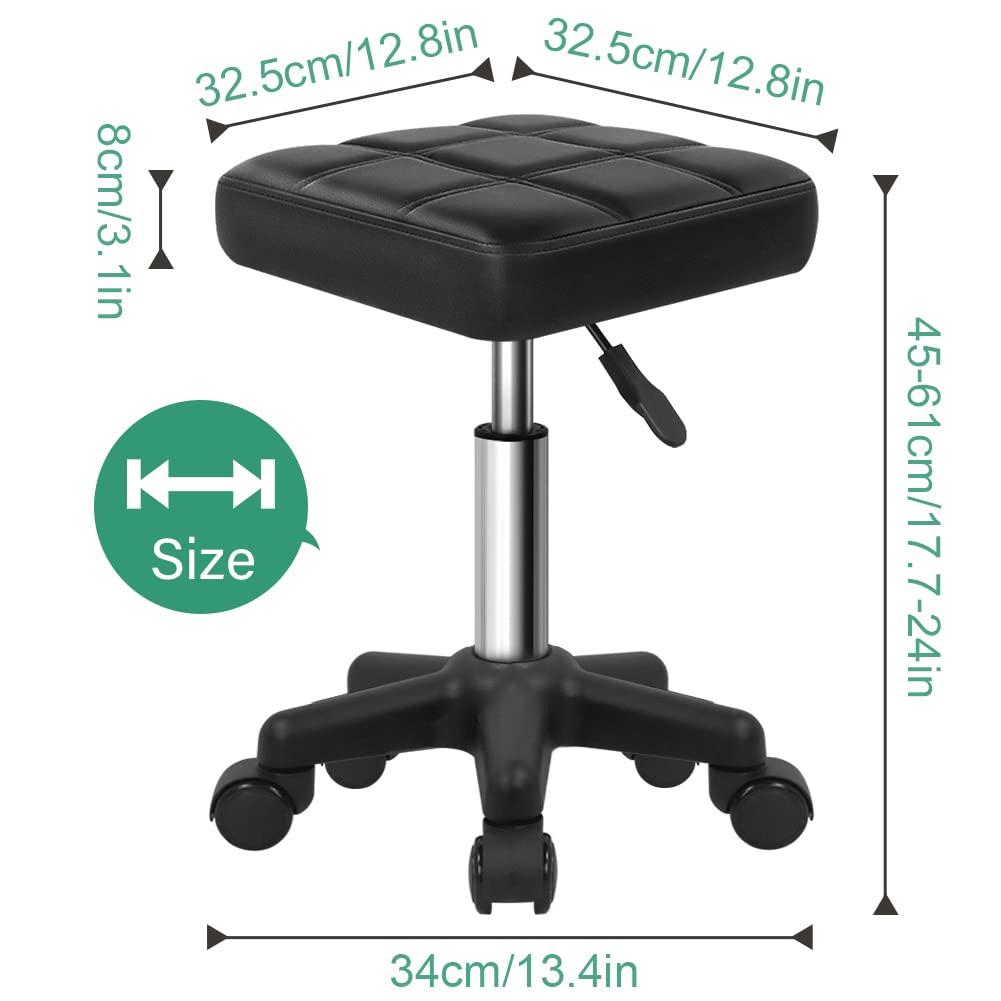 FURWOO Square Swivel Stool with Wheels PU Leahter Rolling Stool Height Adjustable Stool for Spa Salon Massage Black