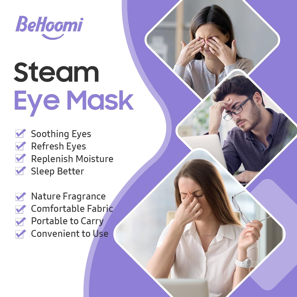 BeHoomi Steam Eye Mask, 10 Packs Heated Eye Mask, Self Heating Disposable SPA Warm Compress for Eyes Sleep Mask, Soothing Moist Heat Eye Masks, Travel Essentials & Relaxation Gifts (Lavender Scent)