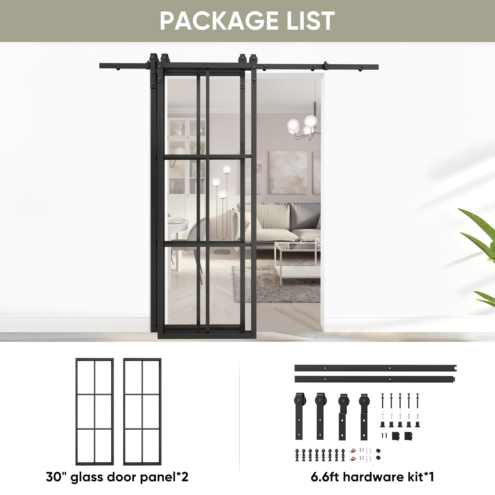 JUBEST Bypass Double Glass Barn Door 60 x 84 in with 6.6FT Side-Mounted Hardware Kit, 2 Sets of 30x84 in Clear Tempered Glass Aluminum Frame Barn Door for(Fit Max Opening 55 3/8"), Easy Assembly