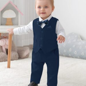 DISAUR Baby Boy Wedding Outfit Long Sleeve Infant White Shirt Dark Blue Plaid Vest Pants Bow Tie Baby Blessing Outfits For Boys 1t 12 18 Months