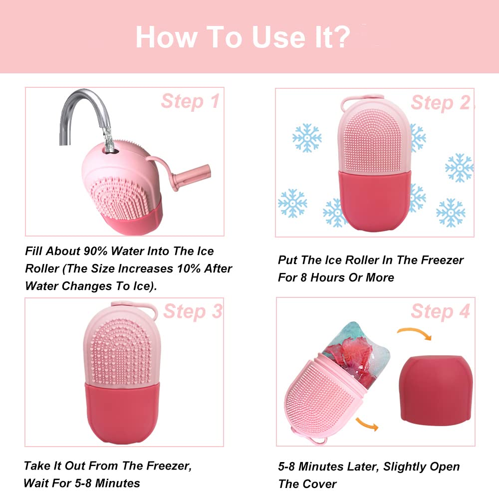 Reusable Cube Silicone Mold Ice Roller With Brush For Face Cold Therapy Facial Massage Roller (Pink)