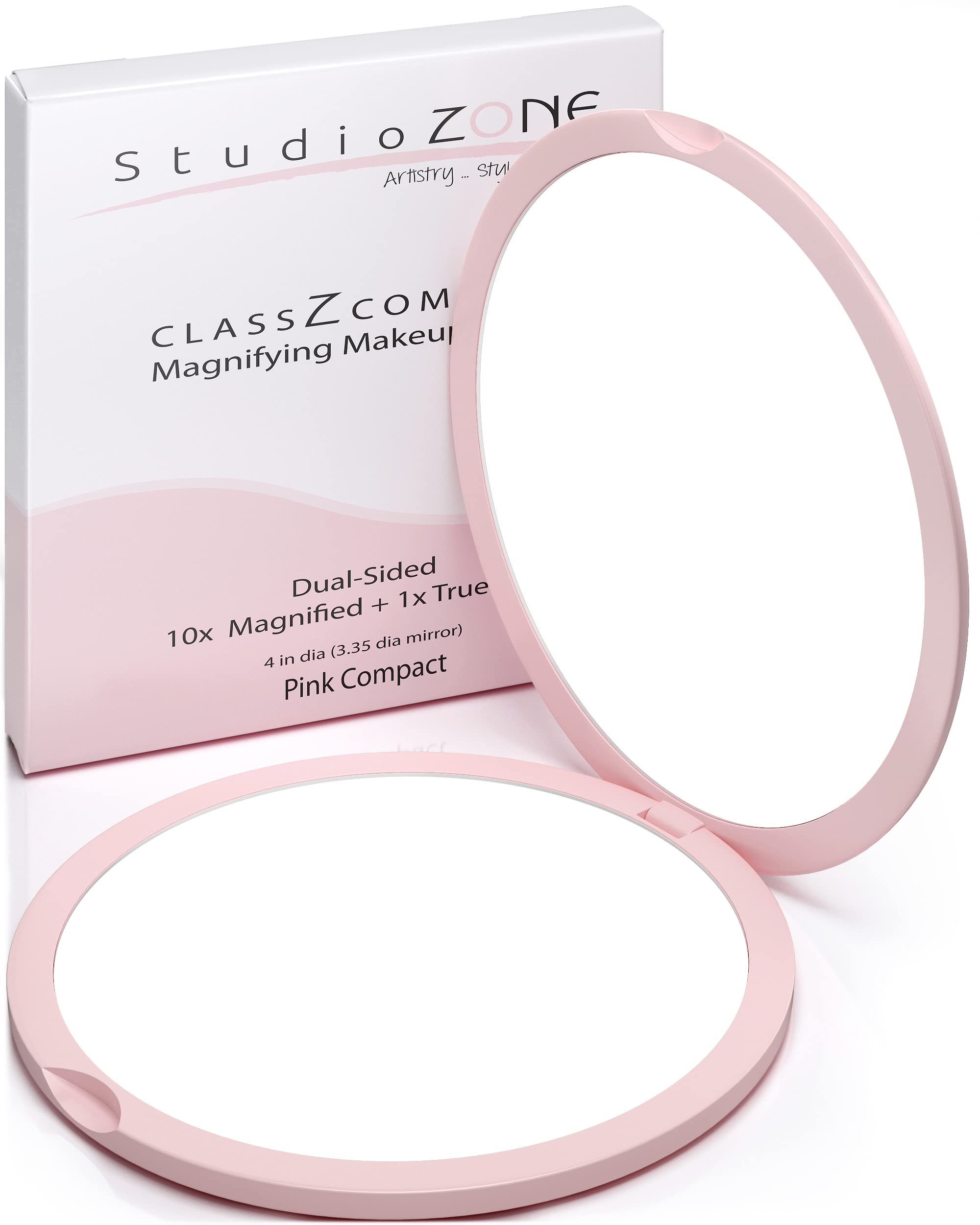 StudioZONE Compact Mirror for Purses - 10X Magnifying - Pink Compact Mirror - Perfect Magnification for Travel - 2-Sided - 10X Makeup Mirror and 1x True View - 4" Diameter