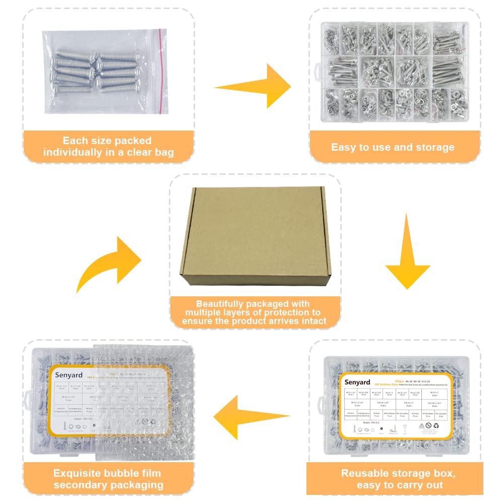 815pcs Machine Screws Assortment Kit,#6-32#8-32#10-24 Phillips Pan Head nut and Bolt Assortment Kit (with Lock&Flat washers・Wrenches) Stainless Steel Screw Bolt nut washers Assortment kit with case