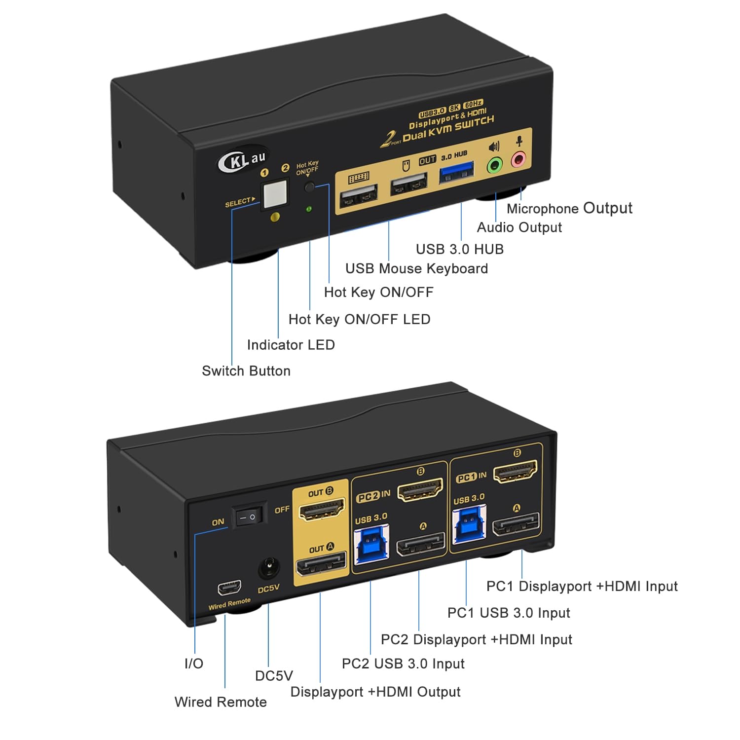 CKLau 2 Port USB 3.0 Dual Monitor KVM Switch Displayport 1.4 + HDMI 2.1 Supports 8K@60Hz, 4K@144Hz with Audio Output and All Input Cables