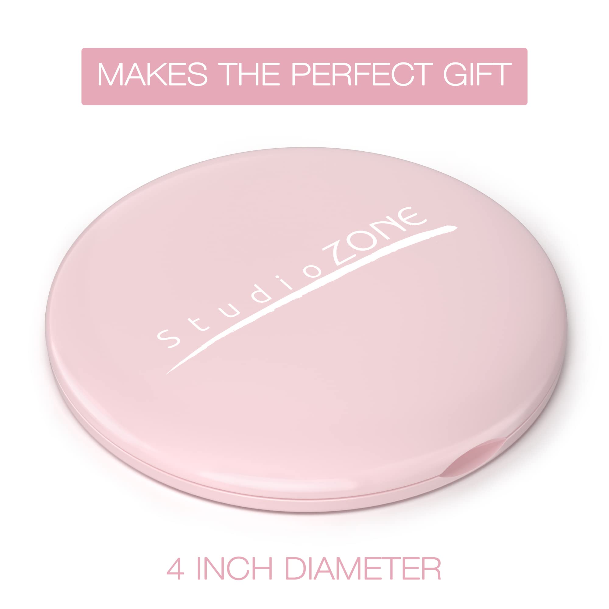 StudioZONE Compact Mirror for Purses - 10X Magnifying - Pink Compact Mirror - Perfect Magnification for Travel - 2-Sided - 10X Makeup Mirror and 1x True View - 4" Diameter