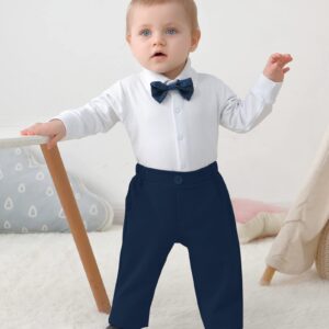 DISAUR Baby Boy Wedding Outfit Long Sleeve Infant White Shirt Dark Blue Plaid Vest Pants Bow Tie Baby Blessing Outfits For Boys 1t 12 18 Months