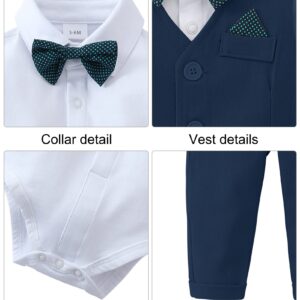 DISAUR Baby Boy Wedding Outfit Long Sleeve Infant White Shirt Dark Blue Plaid Vest Pants Bow Tie Baby Blessing Outfits For Boys 1t 12 18 Months