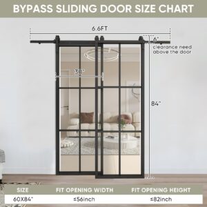 JUBEST Bypass Double Glass Barn Door 60 x 84 in with 6.6FT Side-Mounted Hardware Kit, 2 Sets of 30x84 in Clear Tempered Glass Aluminum Frame Barn Door for(Fit Max Opening 55 3/8"), Easy Assembly