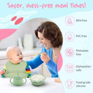 KCMI’s Baby-Led Weaning Supplies: Silicone Feeding Set with Bibs, Suction Bowl, Divided Plate, Cup, and Self-Feeding Spoons for Babies and Toddlers - [Pink]