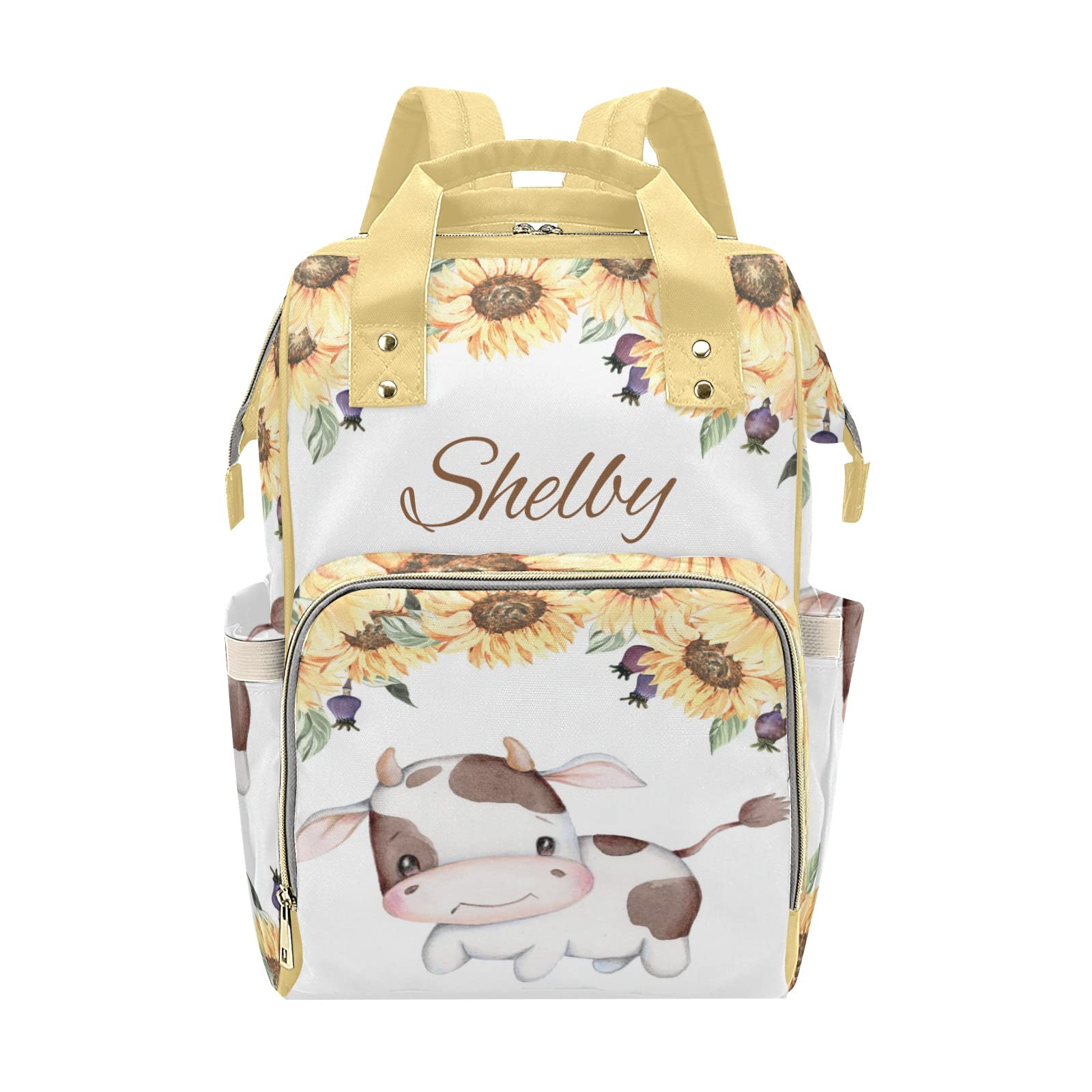 Sweet Sunflower Little Cow Personalized Diaper Backpack with Name,Custom Travel DayPack for Nappy Mommy Nursing Baby Bag One Size