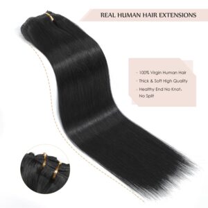 Sisily Clip in Hair Extensions Real Human Hair, 140g 7pcs Human Hair Clip in Hair Extensions Jet Black, Hair Extensions Real Human Hair Clip ins 16 Inch Straight Double Weft