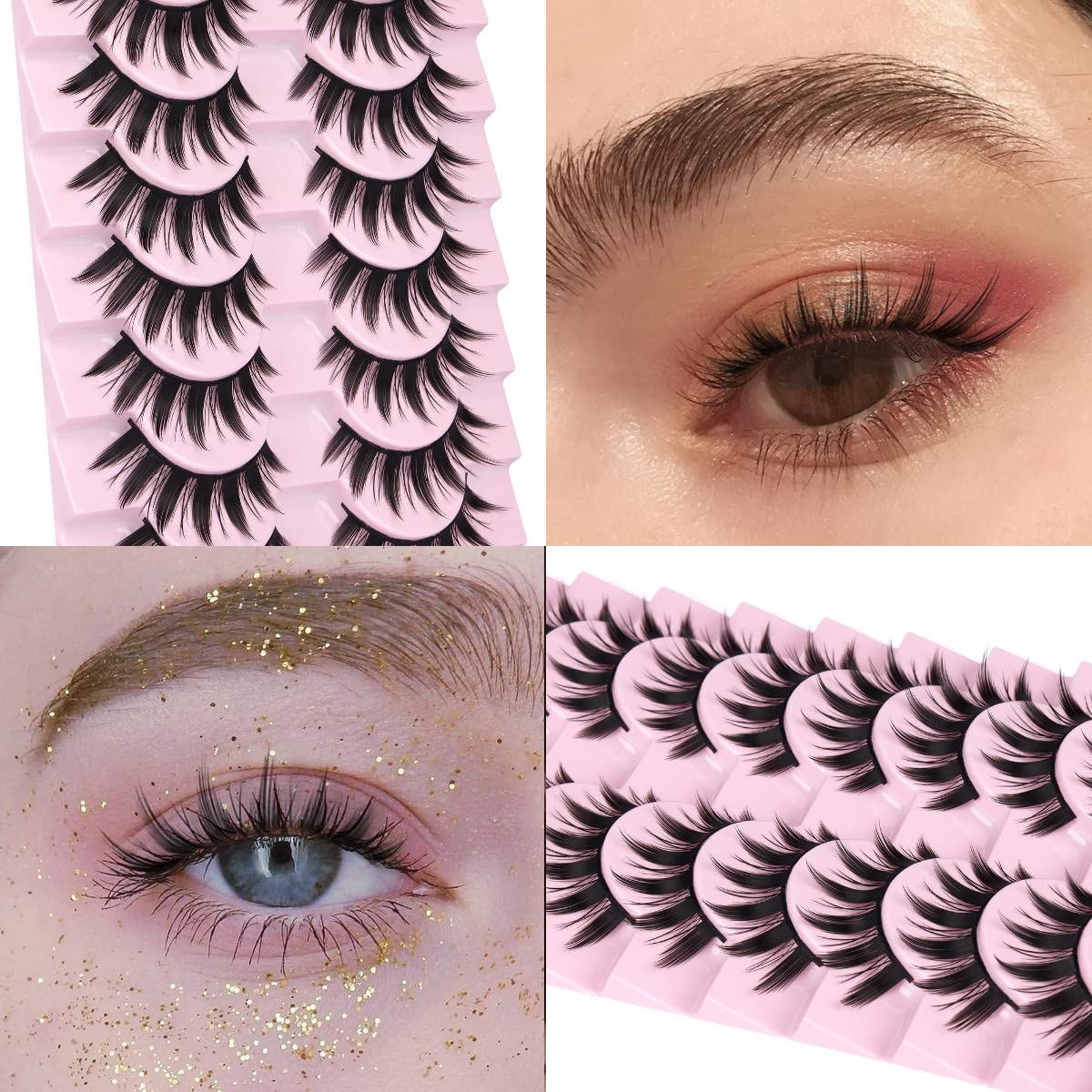 False Eyelashes 10 Pairs Manga Lashes Japanese Style Anime Lashes Thick Cosplay Lashes Natural Look 16 MM Spiky 8D Wispy Faux Mink Lashes Full Strip Doll Lashes by FANXITON