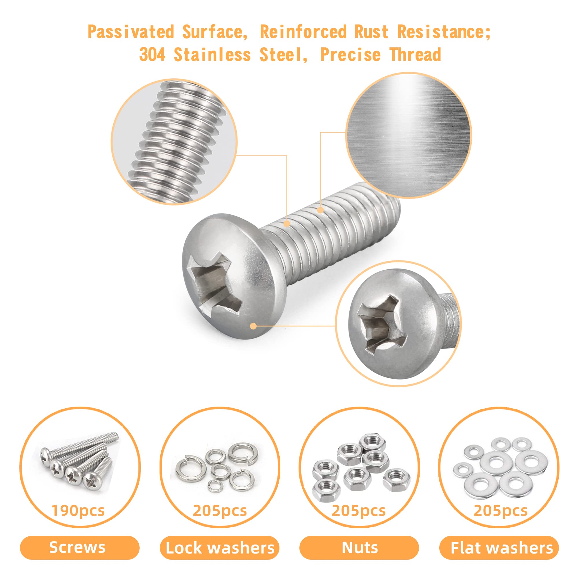 815pcs Machine Screws Assortment Kit,#6-32#8-32#10-24 Phillips Pan Head nut and Bolt Assortment Kit (with Lock&Flat washers・Wrenches) Stainless Steel Screw Bolt nut washers Assortment kit with case