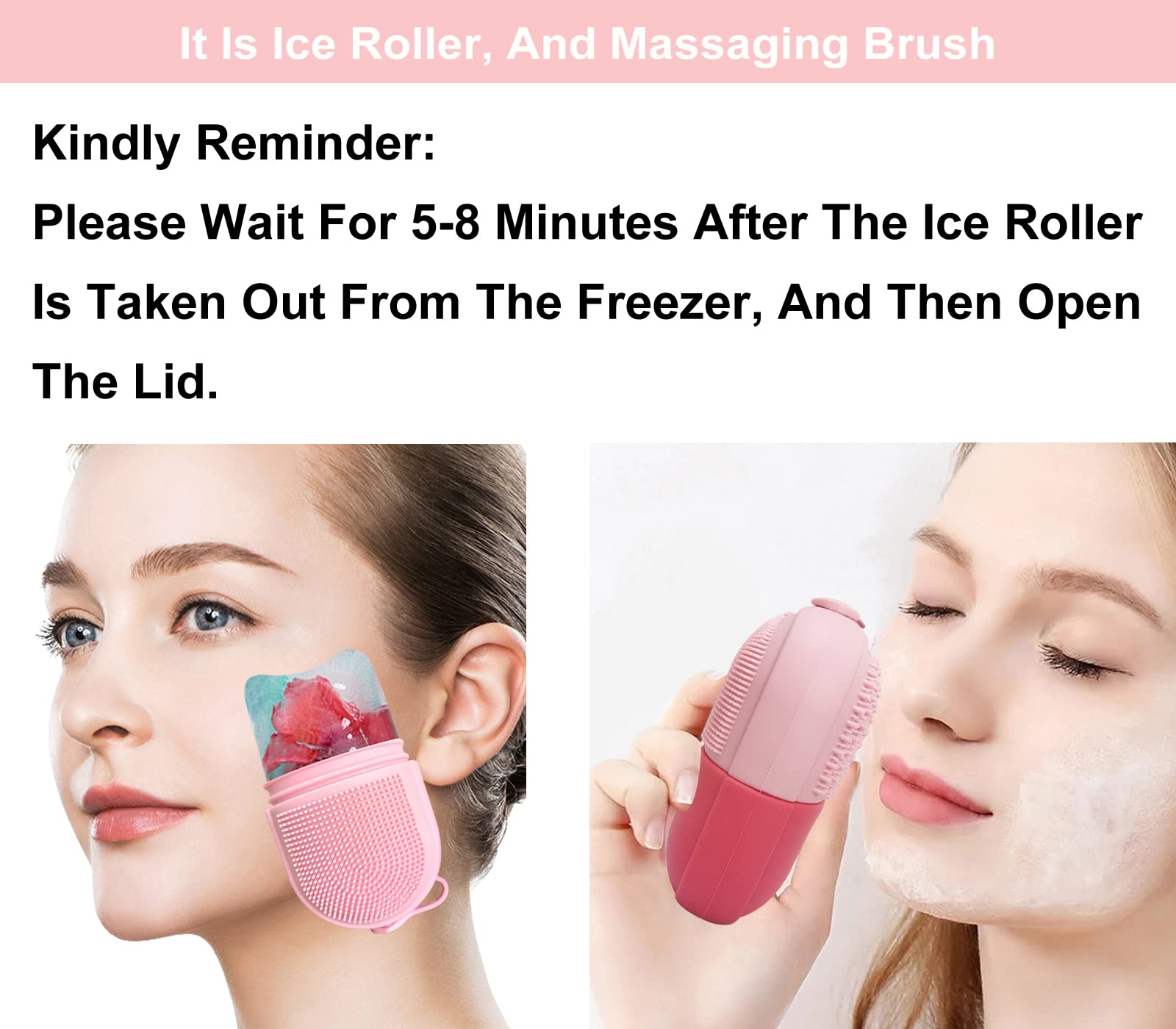 Reusable Cube Silicone Mold Ice Roller With Brush For Face Cold Therapy Facial Massage Roller (Pink)