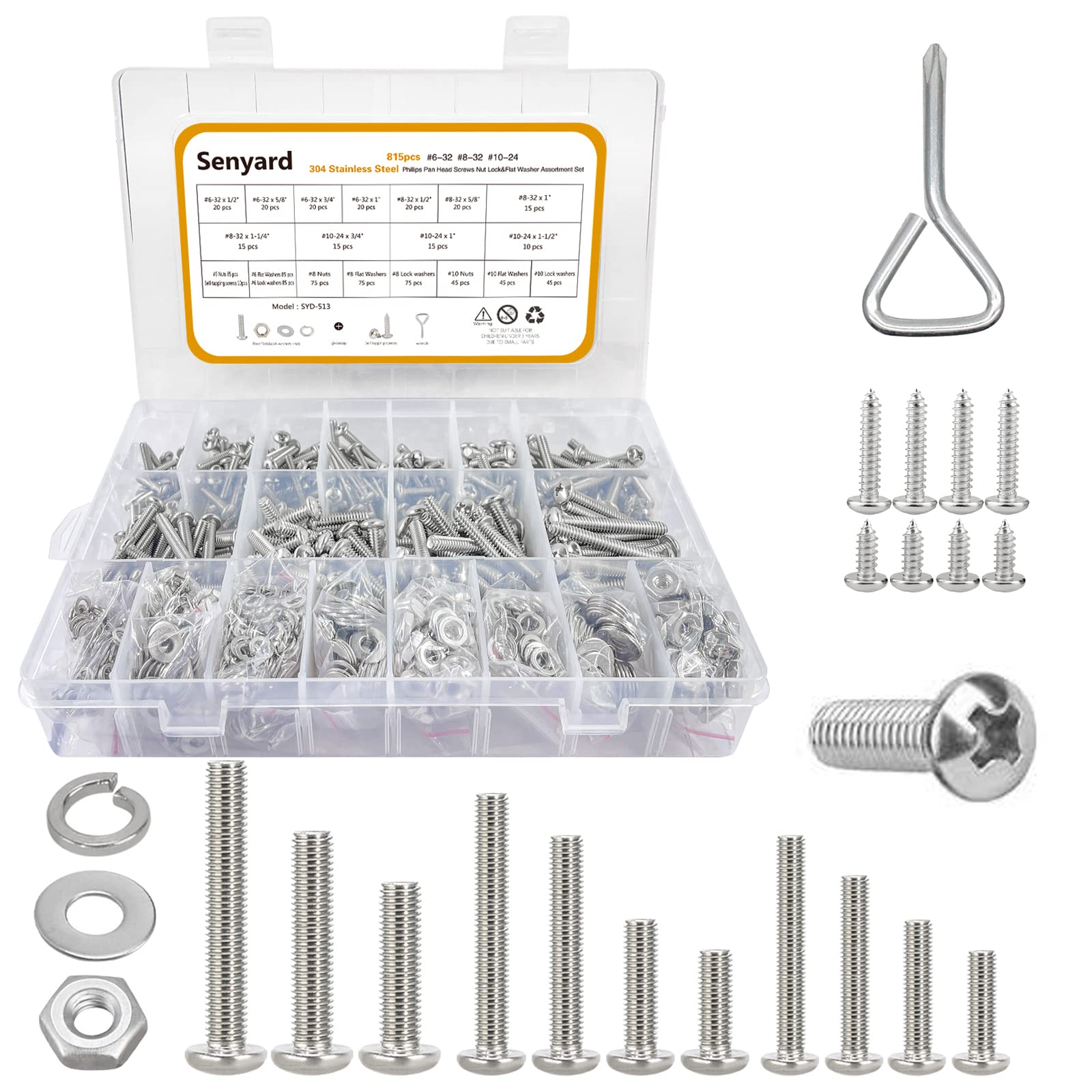 815pcs Machine Screws Assortment Kit,#6-32#8-32#10-24 Phillips Pan Head nut and Bolt Assortment Kit (with Lock&Flat washers・Wrenches) Stainless Steel Screw Bolt nut washers Assortment kit with case