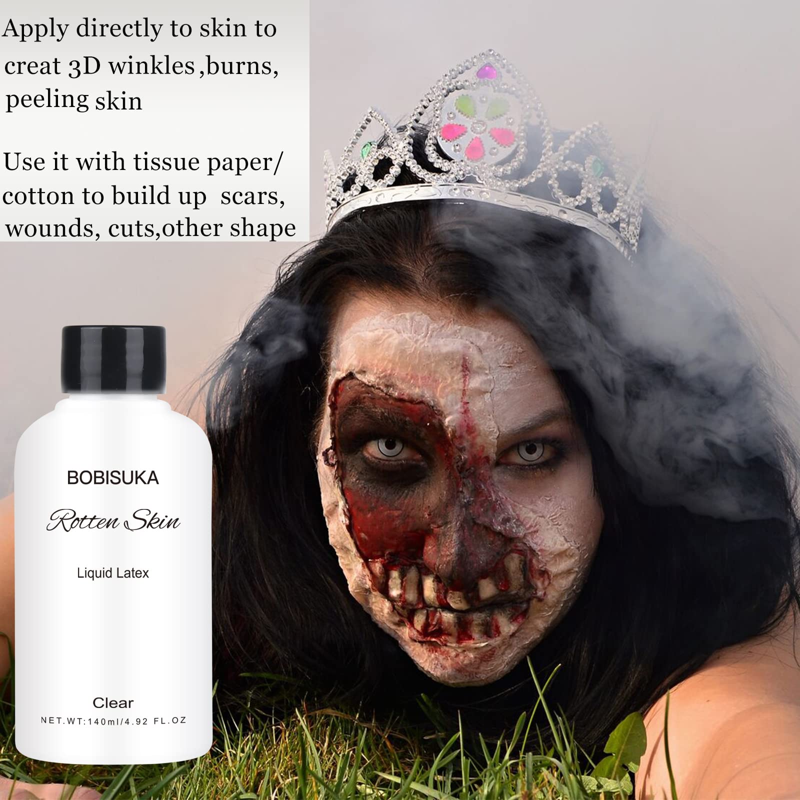 BOBISUKA Clear Liquid Latex, Halloween Costume, Zombie Makeup, SFX Special Effect Make Up for Face and Body, 4.92 FL.OZ