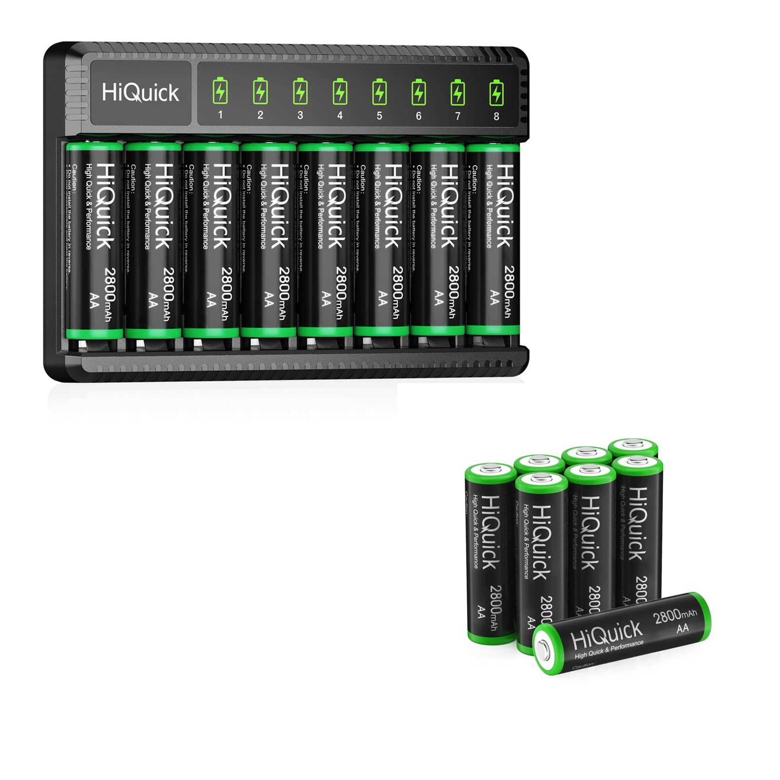 HiQuick 8 Bay Smart Battery Charger with 8 AA Battery + 8 Pack AA Rechargeable Batteries