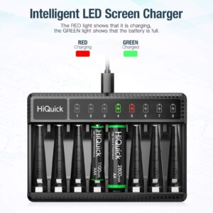 HiQuick 8 Bay Smart Battery Charger with 8 AA Battery + 8 Pack AAA Rechargeable Batteries