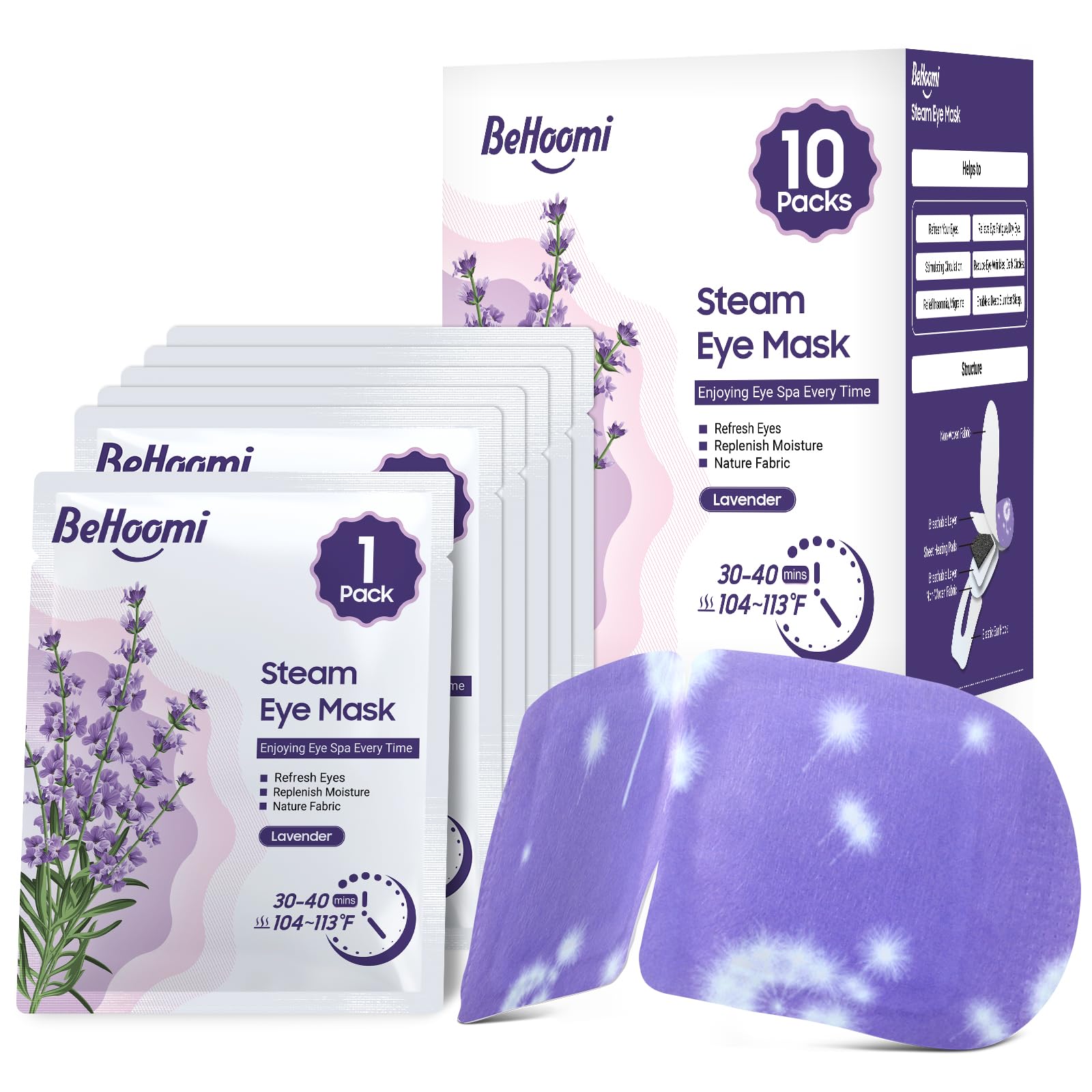 BeHoomi Steam Eye Mask, 10 Packs Heated Eye Mask, Self Heating Disposable SPA Warm Compress for Eyes Sleep Mask, Soothing Moist Heat Eye Masks, Travel Essentials & Relaxation Gifts (Lavender Scent)