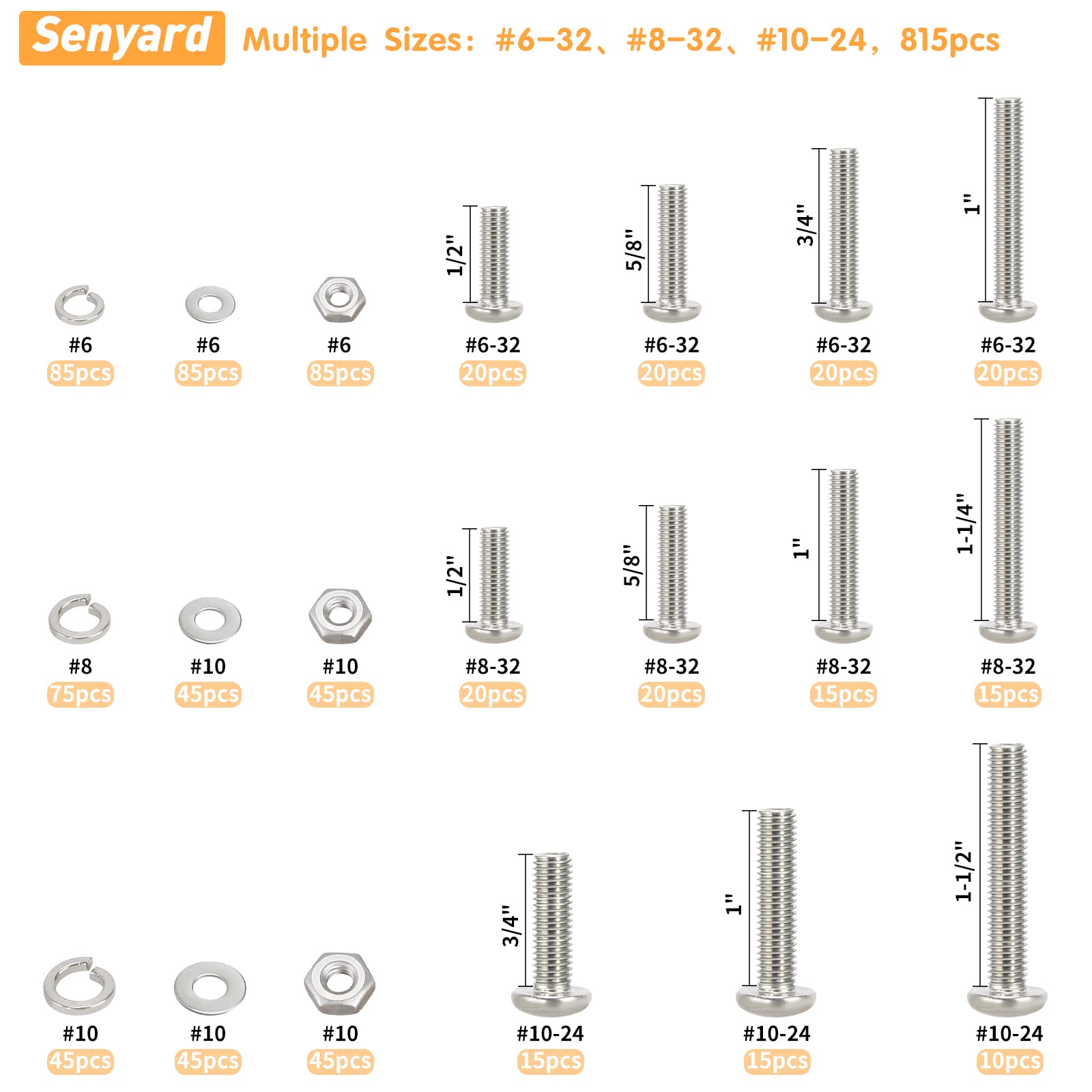 815pcs Machine Screws Assortment Kit,#6-32#8-32#10-24 Phillips Pan Head nut and Bolt Assortment Kit (with Lock&Flat washers・Wrenches) Stainless Steel Screw Bolt nut washers Assortment kit with case