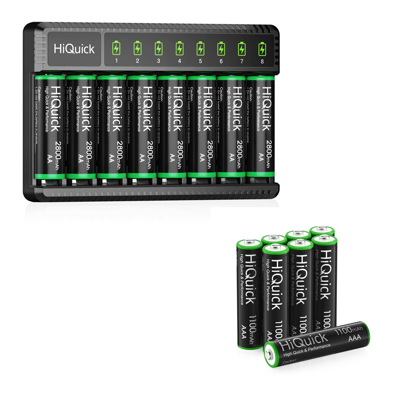 HiQuick 8 Bay Smart Battery Charger with 8 AA Battery + 8 Pack AAA Rechargeable Batteries