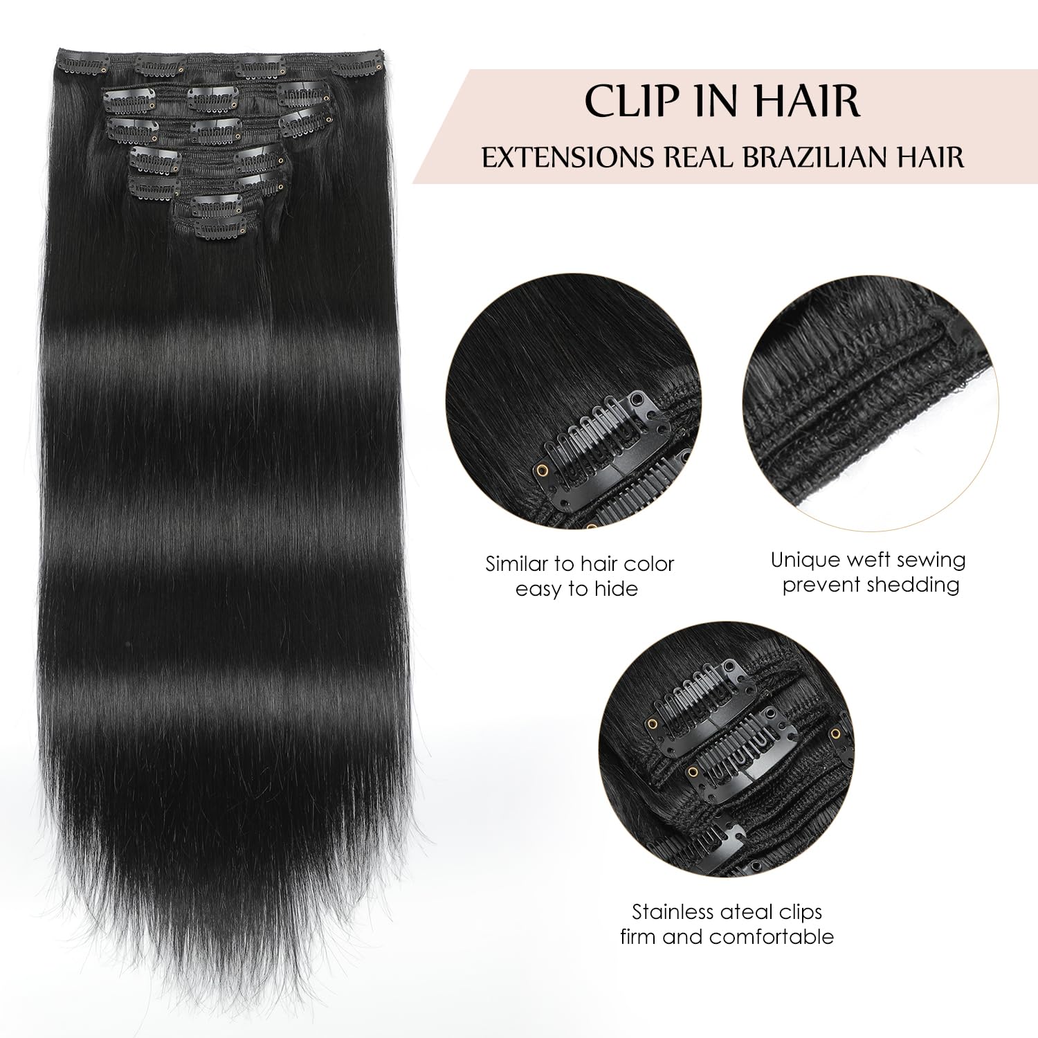 Sisily Clip in Hair Extensions Real Human Hair, 140g 7pcs Human Hair Clip in Hair Extensions Jet Black, Hair Extensions Real Human Hair Clip ins 16 Inch Straight Double Weft