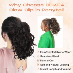 SEIKEA 10" Short Claw Highlight Ponytail Extension Wavy Curly Thick Jaw Clip in Hair Extensions Ponytail Soft Natural Looking Synthetic Hairpiece for Women Deepest Brown