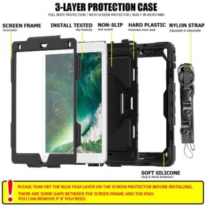 Herize iPad 6th/5th Generation Case 9.7 Inch with Screen Protector Pen Holder | iPad 9.7 Case for Kids | Heavy Duty Silicone Protective Cover W/Hand Shoulder Strap for iPad 9.7 /Air 2/ Pro 9.7 | Black