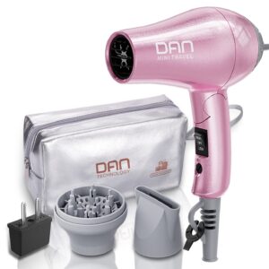 DAN Technology Travel Dual Voltage Mini Blow Dryer with Concentrator,Small Hair Dryer with Diffuser,European Hair Dryer with European Plug,Pink Blow Dryer for Women