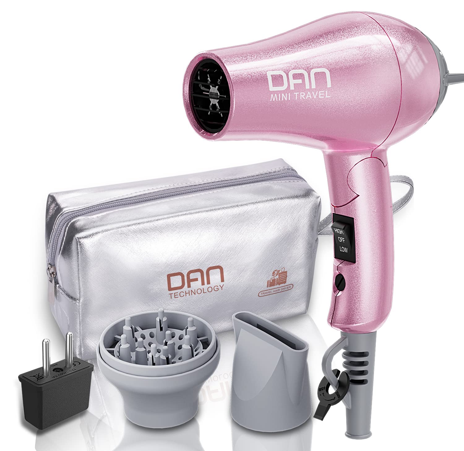 DAN Technology Travel Dual Voltage Mini Blow Dryer with Concentrator,Small Hair Dryer with Diffuser,European Hair Dryer with European Plug,Pink Blow Dryer for Women