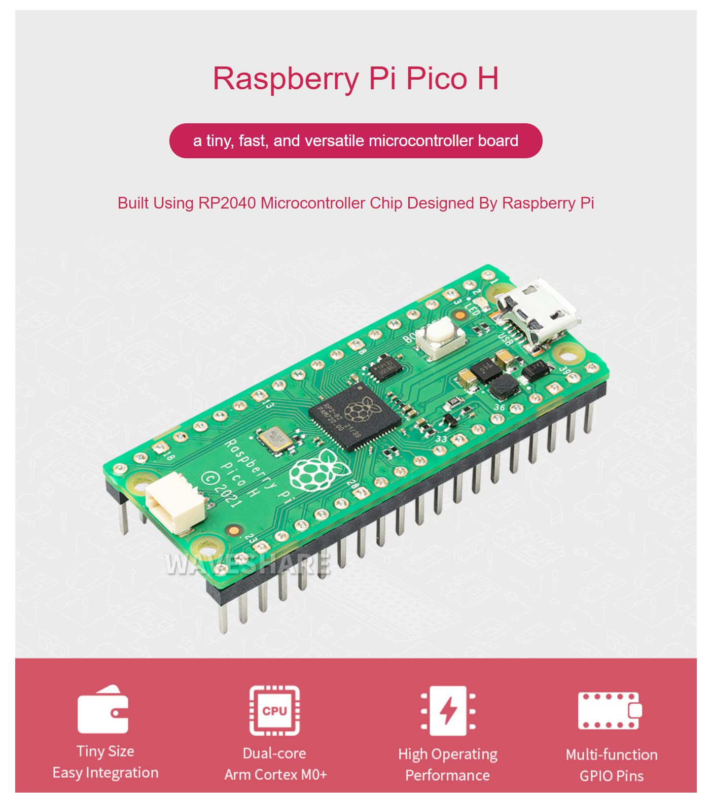 Coolwell Raspberry Pi Pico H Microcontroller Tiny Size Fast Board, Based On Official RP2040 Dual-Core Arm Cortex Processor,Configurable Pin Function