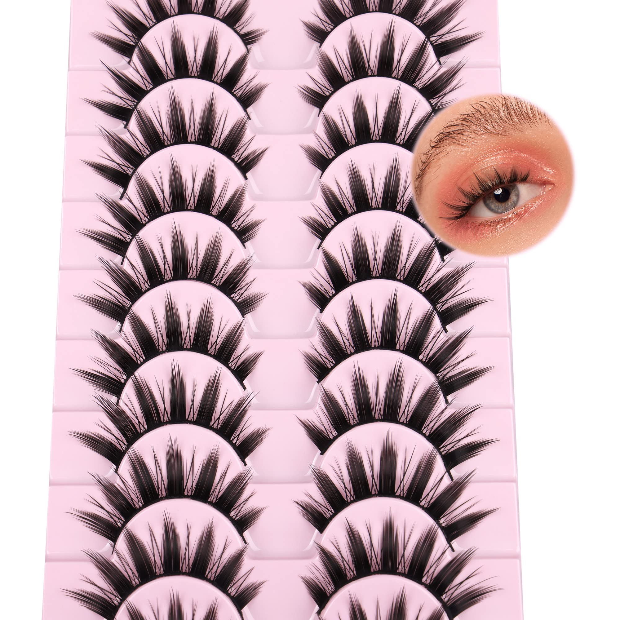 False Eyelashes 10 Pairs Manga Lashes Japanese Style Anime Lashes Thick Cosplay Lashes Natural Look 16 MM Spiky 8D Wispy Faux Mink Lashes Full Strip Doll Lashes by FANXITON