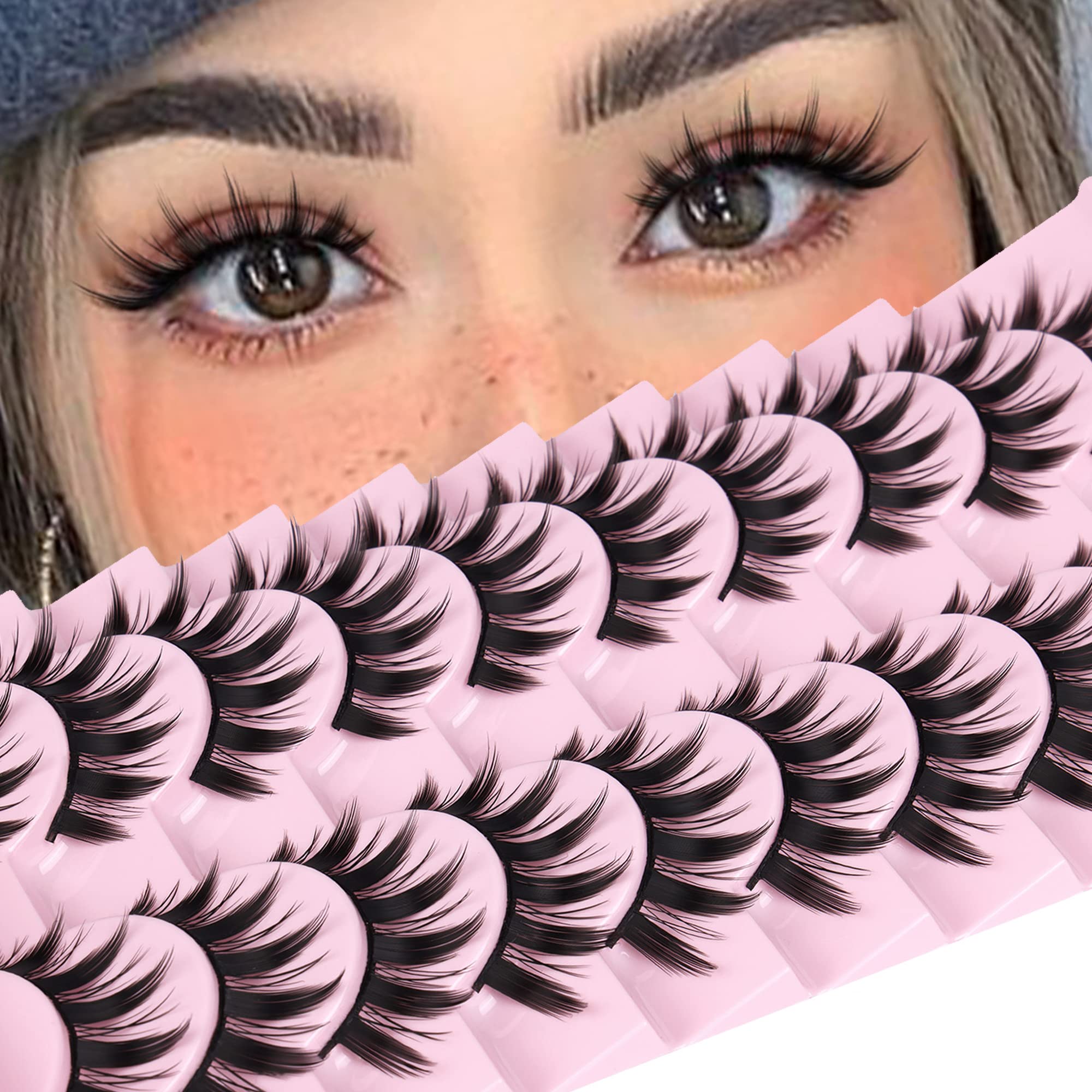 False Eyelashes 10 Pairs Manga Lashes Japanese Style Anime Lashes Thick Cosplay Lashes Natural Look 16 MM Spiky 8D Wispy Faux Mink Lashes Full Strip Doll Lashes by FANXITON