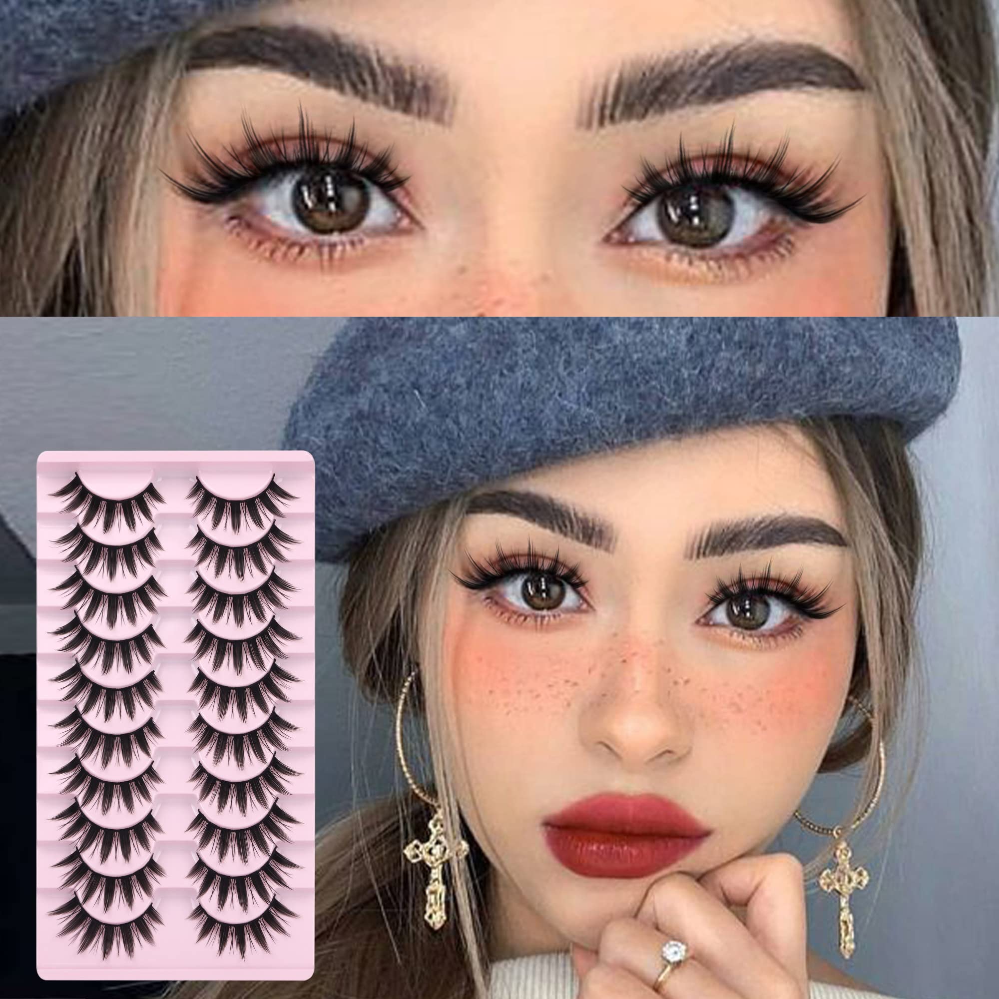 False Eyelashes 10 Pairs Manga Lashes Japanese Style Anime Lashes Thick Cosplay Lashes Natural Look 16 MM Spiky 8D Wispy Faux Mink Lashes Full Strip Doll Lashes by FANXITON