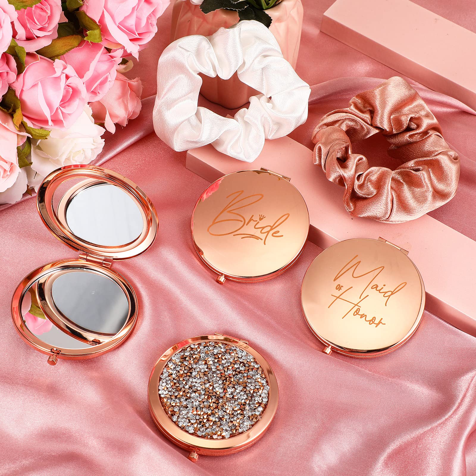 16 Pcs Proposal Gifts Set Compact Pocket Mirrors Bride Maid of Honor Matron of Honor Bridesmaid Diamond Makeup Mirrors with Hair Scrunchies for Wedding Bachelorette Bride Shower Party Bridesmaid Gifts