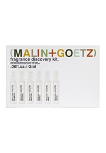 malin + goetz fragrance discovery kit, 2 ml each - bergamot, cannabis, dark rum, leather, strawberry & vetiver eau de parfum - travel size perfume set, fragrance oil gift set, vegan & cruelty-free