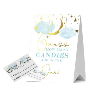 guess how many candies baby shower games, pack of 1 logo and 50 cards, golden star and moon, blue cloud, baby shower signs, baby shower invitation set, bridal shower sign, gender reveal - jrm310