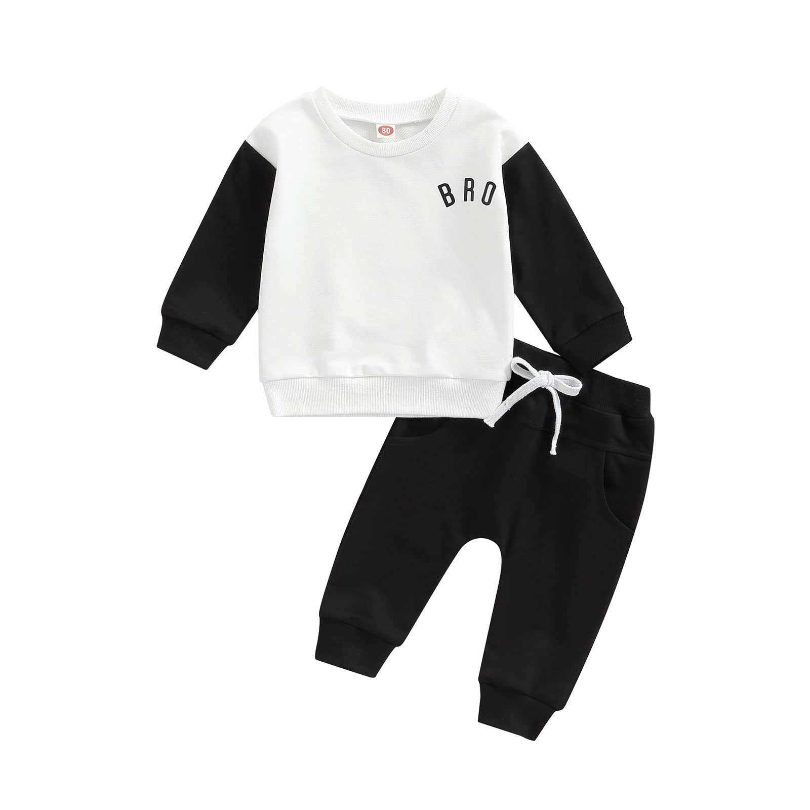 Toddler Baby Boy Clothes Set Letters Print Long Sleeve Crewneck Sweatshirt Tops and Pants Set 2Pcs Fall Winter Outfits (B-Black White, 6-12 Months)