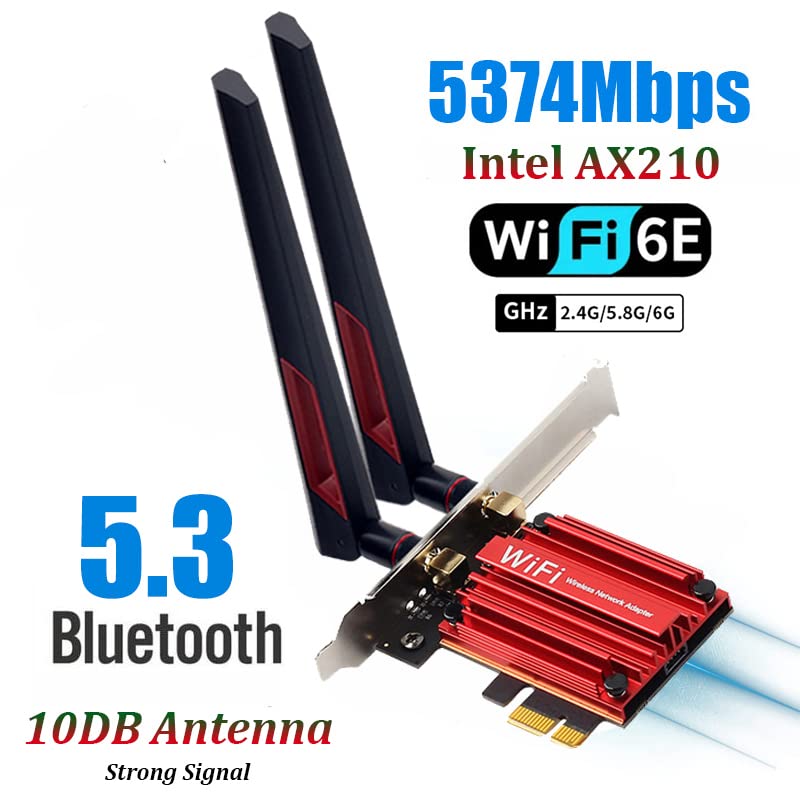 Teday 10DB Antennas WiFi 6E PCIE Adapter Intel AX210 Bluetooth 5.3 Wireless 5374Mbps 2 in 1 Tri Band 2.4G/5G/6Ghz WiFi 6 Network Card for PC Desktop Windows 10 11